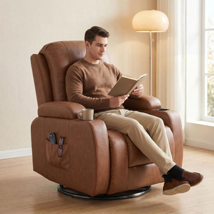 150 Degrees Reclining Heated Massage Armchair with Remote Control, PU Leather, Light Brown