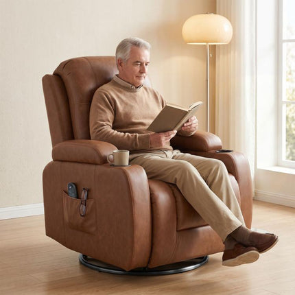 150 Degrees Reclining Heated Massage Armchair with Remote Control, PU Leather, Light Brown