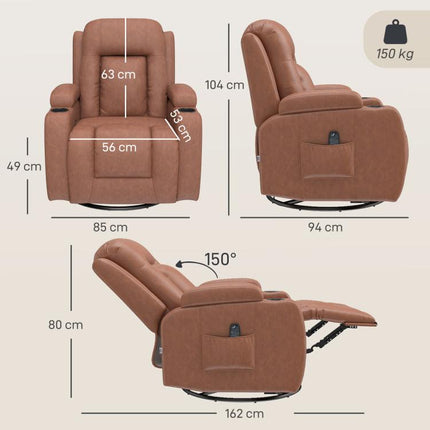 150 Degrees Reclining Heated Massage Armchair with Remote Control, PU Leather, Light Brown