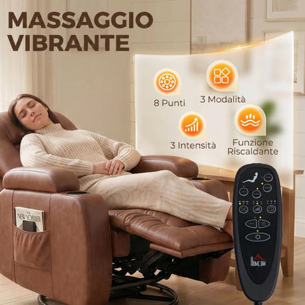 150 Degrees Reclining Heated Massage Armchair with Remote Control, PU Leather, Light Brown