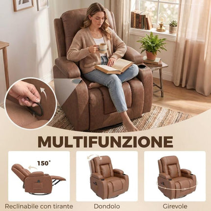 150 Degrees Reclining Heated Massage Armchair with Remote Control, PU Leather, Light Brown