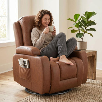 150 Degrees Reclining Heated Massage Armchair with Remote Control, PU Leather, Light Brown