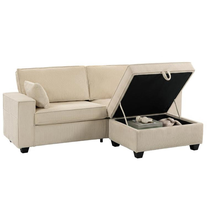 Canapé 3 Places avec Pouf de Rangement, Canapé d'Angle en Velours C?telé, Assise Large, 2 Coussins, Beige