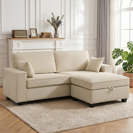 Canapé 3 Places avec Pouf de Rangement, Canapé d'Angle en Velours C?telé, Assise Large, 2 Coussins, Beige