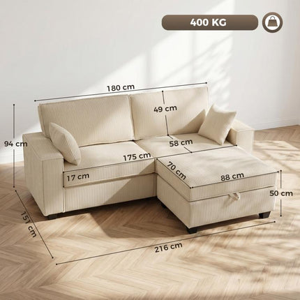 Canapé 3 Places avec Pouf de Rangement, Canapé d'Angle en Velours C?telé, Assise Large, 2 Coussins, Beige