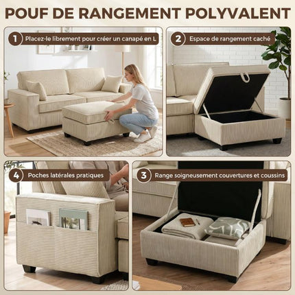 Canapé 3 Places avec Pouf de Rangement, Canapé d'Angle en Velours C?telé, Assise Large, 2 Coussins, Beige