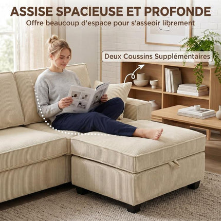 Canapé 3 Places avec Pouf de Rangement, Canapé d'Angle en Velours C?telé, Assise Large, 2 Coussins, Beige