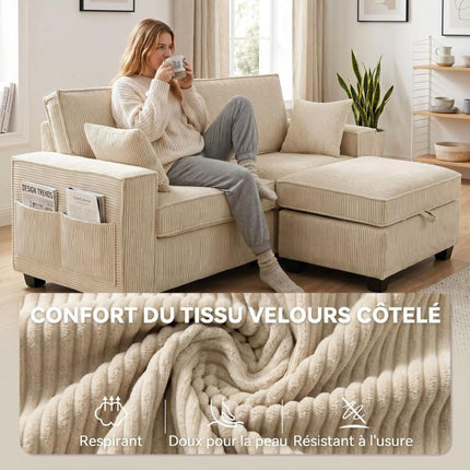 Canapé 3 Places avec Pouf de Rangement, Canapé d'Angle en Velours C?telé, Assise Large, 2 Coussins, Beige