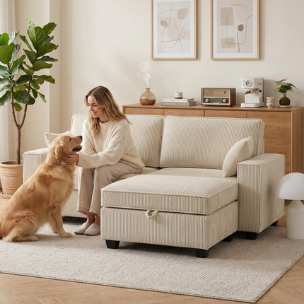 Canapé 3 Places avec Pouf de Rangement, Canapé d'Angle en Velours C?telé, Assise Large, 2 Coussins, Beige