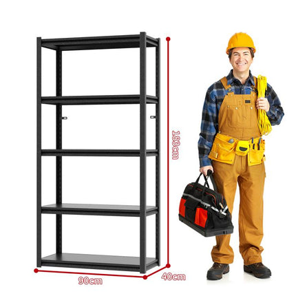 H183cm Schwerlastregal 5 Ebenen – Metall Lagerregal 650kg Tragkraft, Verstellbar, Industrie & Garage, Stabiles Lagerregal, Schwarz, H183cm * B90cm * T40cm