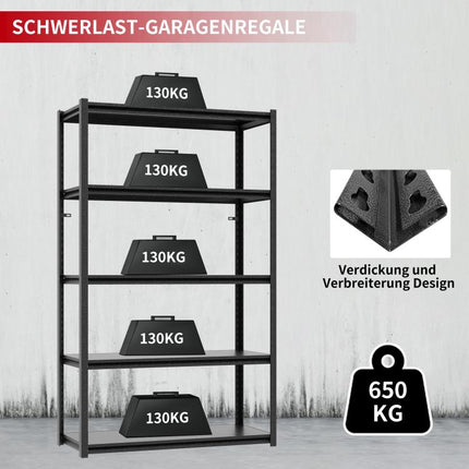 H183cm Schwerlastregal 5 Ebenen – Metall Lagerregal 650kg Tragkraft, Verstellbar, Industrie & Garage, Stabiles Lagerregal, Schwarz, H183cm * B90cm * T40cm