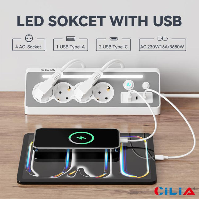 CILIA 90 Degrees Corner Power Strip with 4 Schuko Sockets, 2 Type-C + 1 USB Ports, Surge Protection, LED Light, On/Off Switch, 3680W 16A, 1.5m Cable – For Kitchen, Office, and Home
