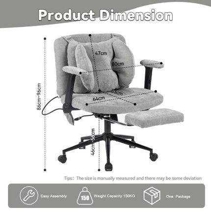 Home office chair, swivel chair, adjustable height desk chair with footrest, load capacity 150kg, gaming chair with armrests, casters, for home office, grey