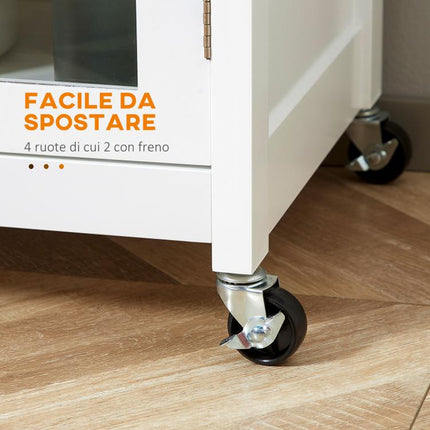 Carrello da Cucina Multiuso con 4 Ruote, in Legno Bianco, 67x48x86.5cm