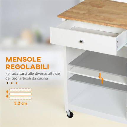 Carrello da Cucina Multiuso con 4 Ruote, in Legno Bianco, 67x48x86.5cm