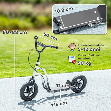 Scooter for Children Aged 5–12 with Brake, Kickstand, and Adjustable Handlebar, 129x52x80–88 cm, Black and White