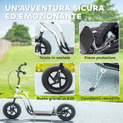 Scooter for Children Aged 5–12 with Brake, Kickstand, and Adjustable Handlebar, 129x52x80–88 cm, Black and White