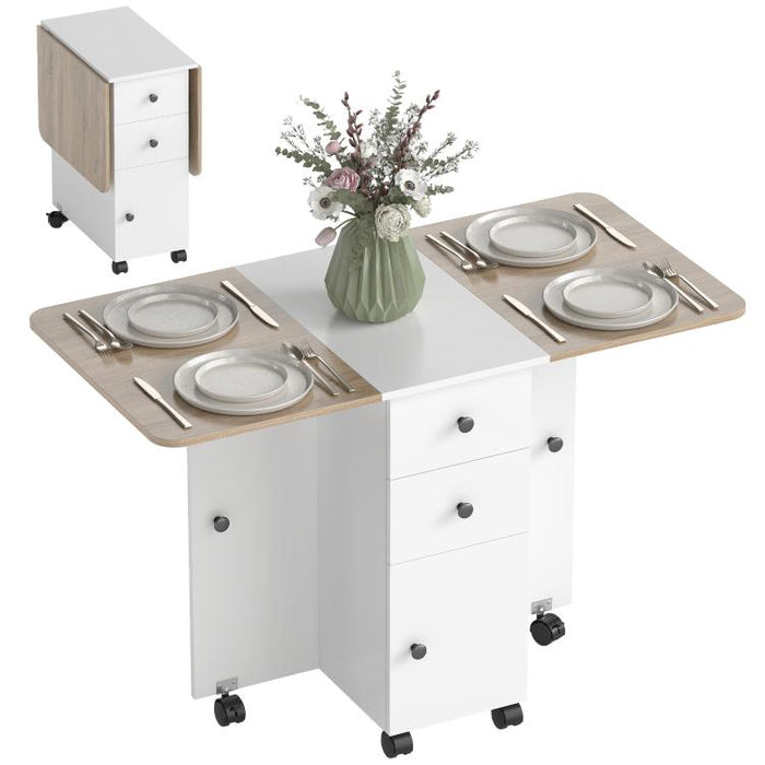 Folding Table with 2 Drawers and Cabinet, 6 Casters with Brakes, 120x60x76.5 cm, White and Oak
