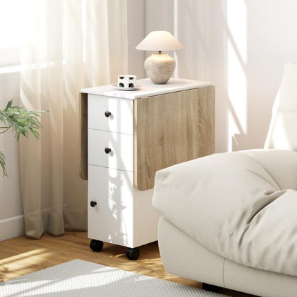 Folding Table with 2 Drawers and Cabinet, 6 Casters with Brakes, 120x60x76.5 cm, White and Oak