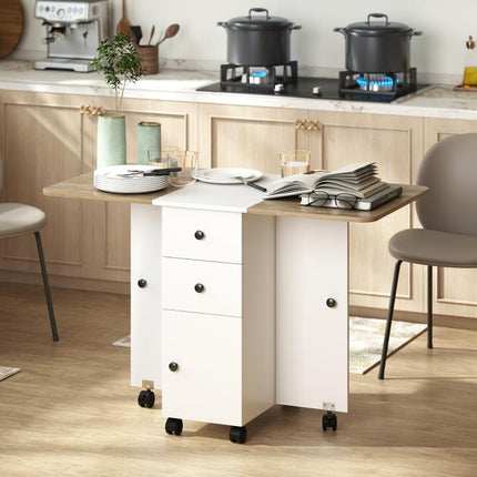 Folding Table with 2 Drawers and Cabinet, 6 Casters with Brakes, 120x60x76.5 cm, White and Oak