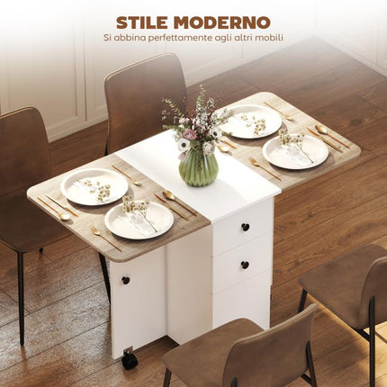 Folding Table with 2 Drawers and Cabinet, 6 Casters with Brakes, 120x60x76.5 cm, White and Oak