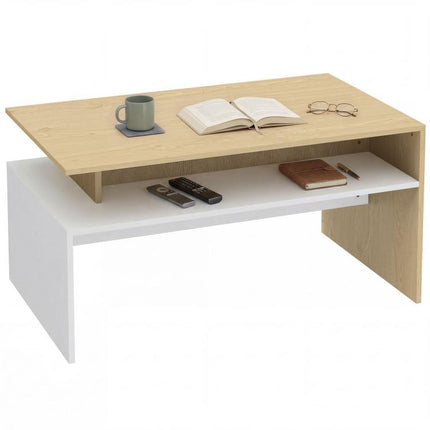 Two-Tone Coffee Table with Asymmetrical Shelf, 95x55x50 cm, Natural Wood and White