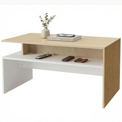 Two-Tone Coffee Table with Asymmetrical Shelf, 95x55x50 cm, Natural Wood and White