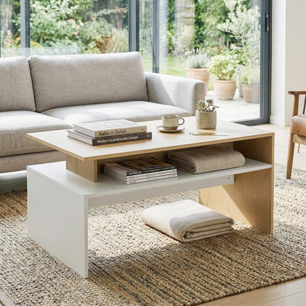 Two-Tone Coffee Table with Asymmetrical Shelf, 95x55x50 cm, Natural Wood and White