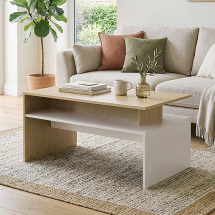 Two-Tone Coffee Table with Asymmetrical Shelf, 95x55x50 cm, Natural Wood and White