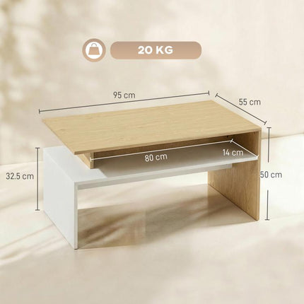 Two-Tone Coffee Table with Asymmetrical Shelf, 95x55x50 cm, Natural Wood and White