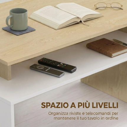 Two-Tone Coffee Table with Asymmetrical Shelf, 95x55x50 cm, Natural Wood and White