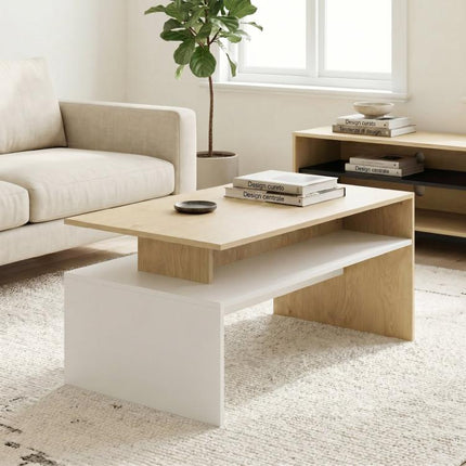 Two-Tone Coffee Table with Asymmetrical Shelf, 95x55x50 cm, Natural Wood and White