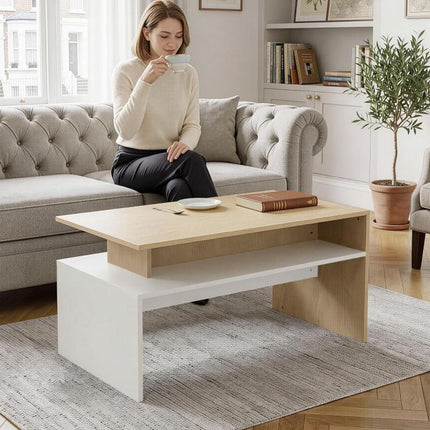 Two-Tone Coffee Table with Asymmetrical Shelf, 95x55x50 cm, Natural Wood and White