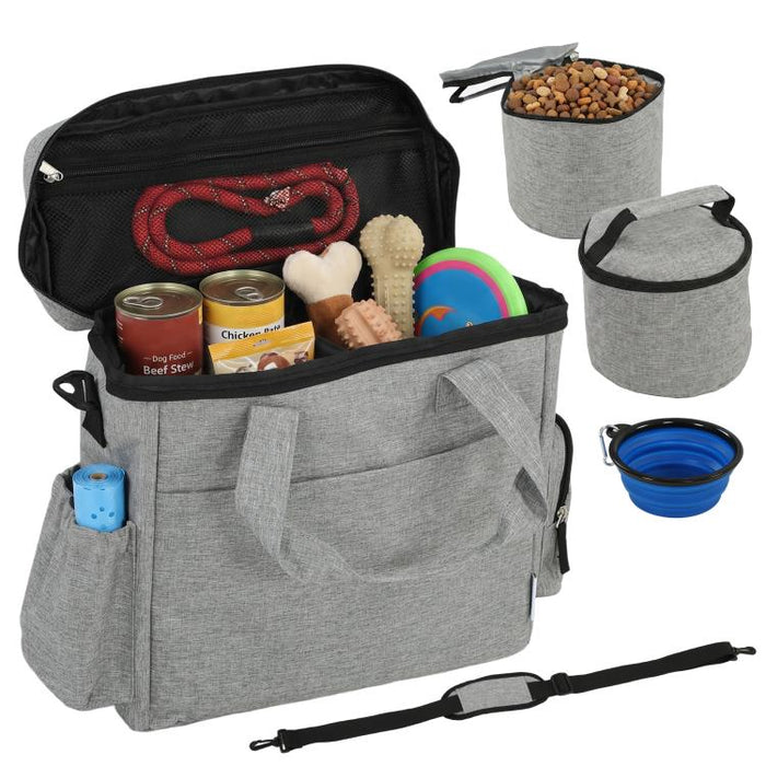 Dog Travel Bag with Pockets, 2 Food Bags, Collapsible Bowl, Adjustable Divider, 38x17x35cm, Light Grey