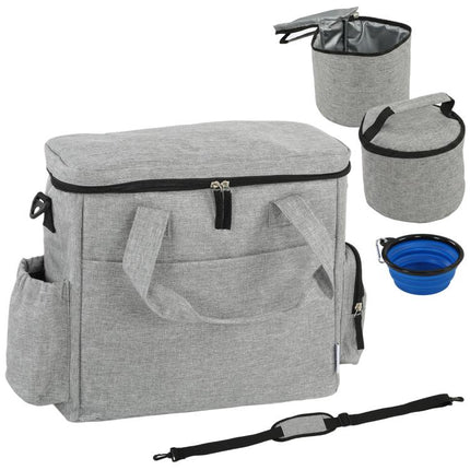Dog Travel Bag with Pockets, 2 Food Bags, Collapsible Bowl, Adjustable Divider, 38x17x35cm, Light Grey
