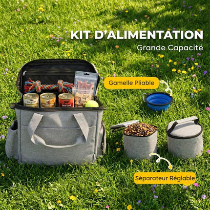 Dog Travel Bag with Pockets, 2 Food Bags, Collapsible Bowl, Adjustable Divider, 38x17x35cm, Light Grey
