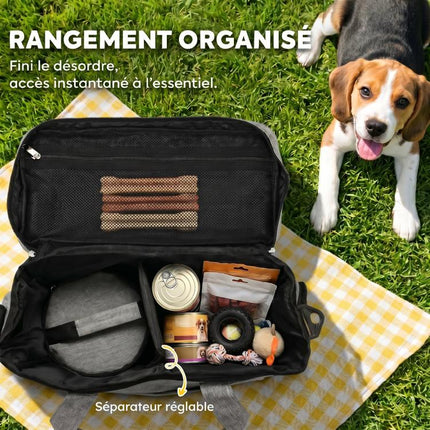 Dog Travel Bag with Pockets, 2 Food Bags, Collapsible Bowl, Adjustable Divider, 38x17x35cm, Light Grey