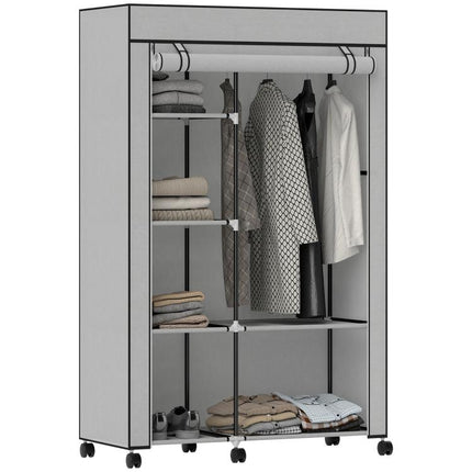 Fabric wardrobe, storage solution, 6 shelves, 1 clothes rail, light grey