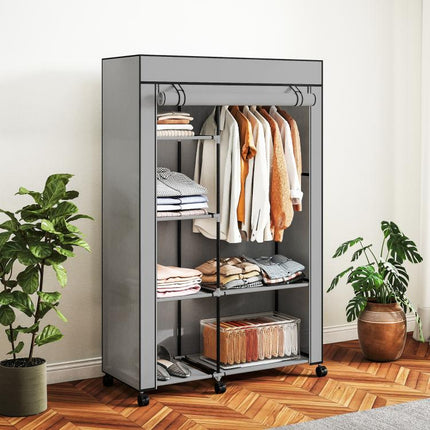 Fabric wardrobe, storage solution, 6 shelves, 1 clothes rail, light grey
