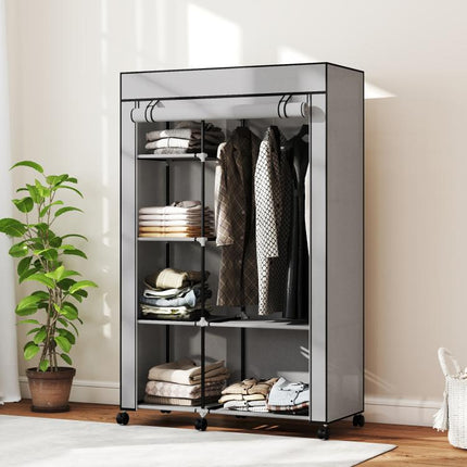 Fabric wardrobe, storage solution, 6 shelves, 1 clothes rail, light grey