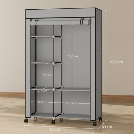 Fabric wardrobe, storage solution, 6 shelves, 1 clothes rail, light grey