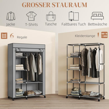 Fabric wardrobe, storage solution, 6 shelves, 1 clothes rail, light grey