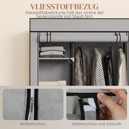 Fabric wardrobe, storage solution, 6 shelves, 1 clothes rail, light grey