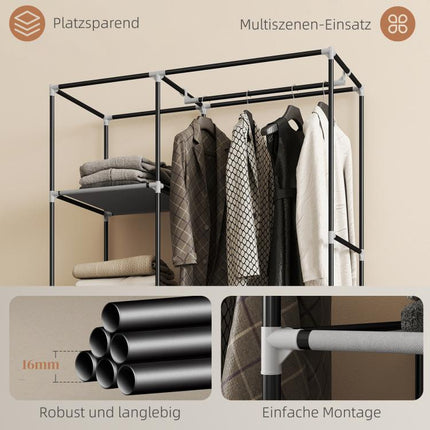Fabric wardrobe, storage solution, 6 shelves, 1 clothes rail, light grey