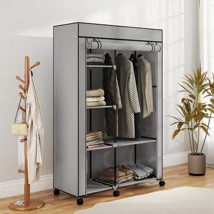 Fabric wardrobe, storage solution, 6 shelves, 1 clothes rail, light grey
