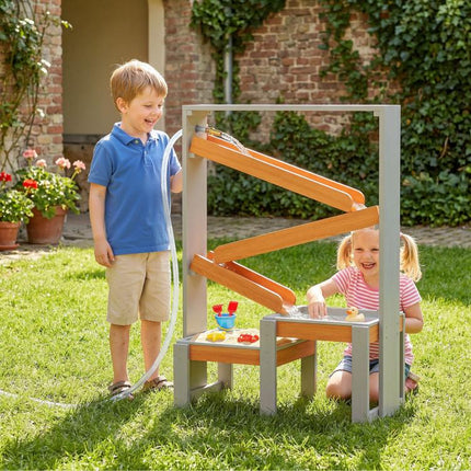 Sand and Water Play Table, Wooden Water Table, Mud Table with Waterway, 2-Basin Sandbox Table for Children Aged 3–8 (Grey)