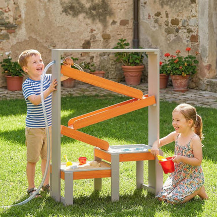 Sand and Water Play Table, Wooden Water Table, Mud Table with Waterway, 2-Basin Sandbox Table for Children Aged 3–8 (Grey)