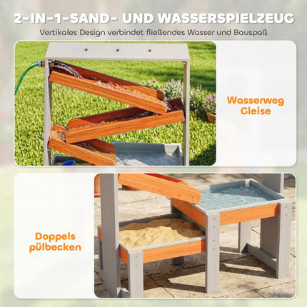 Sand and Water Play Table, Wooden Water Table, Mud Table with Waterway, 2-Basin Sandbox Table for Children Aged 3–8 (Grey)