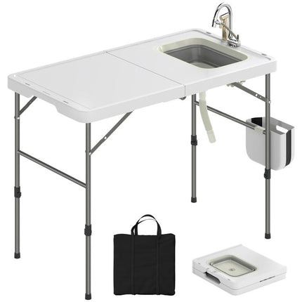 Folding Camping Table with Sink, Faucet, Adjustable Height, Collapsible Bucket, Slots, Ruler, and Carry Bag