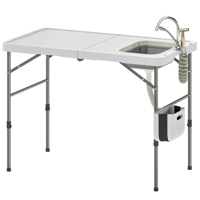 Folding Camping Table with Sink, Faucet, Adjustable Height, Collapsible Bucket, Slots, Ruler, and Carry Bag